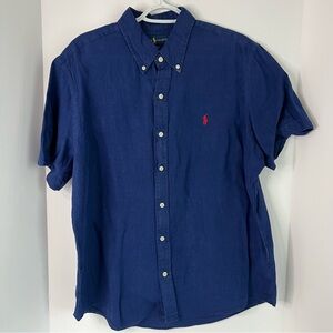 Ralph Lauren Classic Untucked Fit Navy Blue Linen Short Sleeve Shirt Men  Sz L